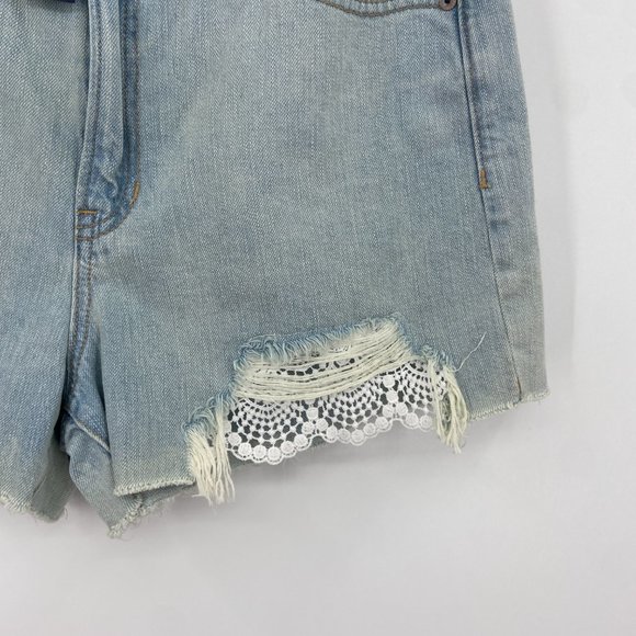 AMERICAN EAGLE Blue Denim High Rise Lace Distressed Jean Shorts Size 10 - Picture 3 of 7